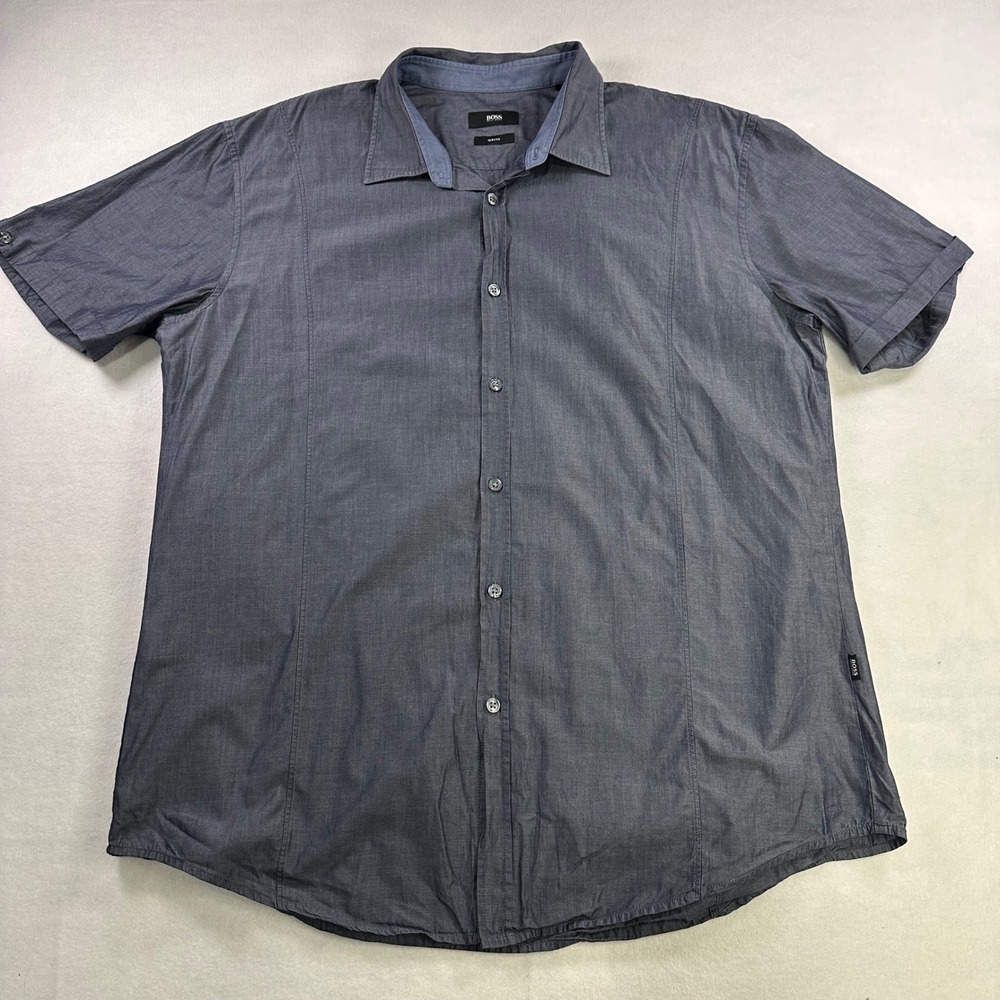 Hugo Boss Marco_4 Slim Fit Short Sleeve Button Down Shirt Blue Mens 2XL XXL